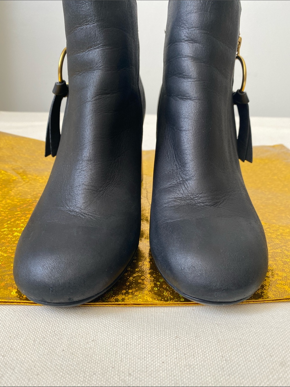 See By Chloé Black Leather Ankle Boots with Gold Rings - Picture 8 of 10